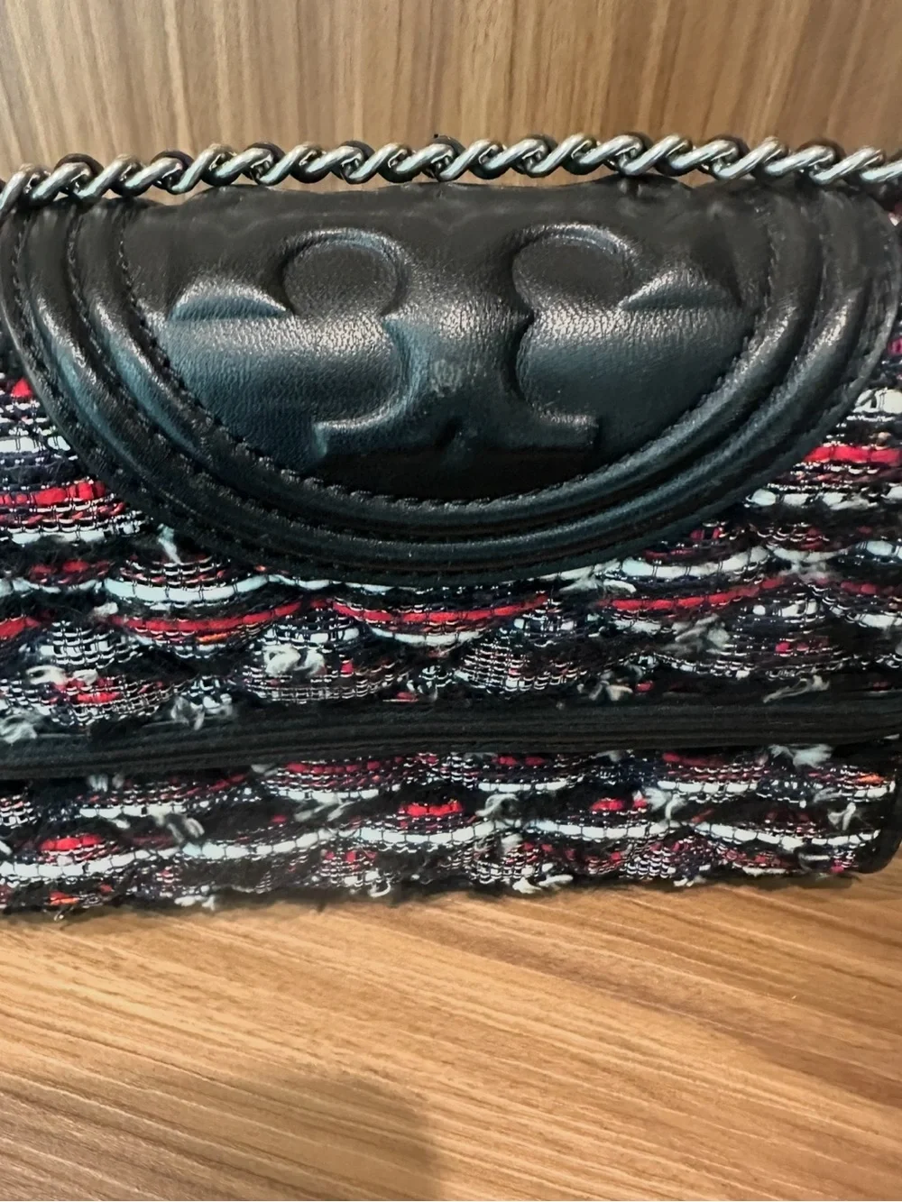 Tory Burch Tweed Chain-Handle Flap Shoulder Crossbody Bag with Tassel Black